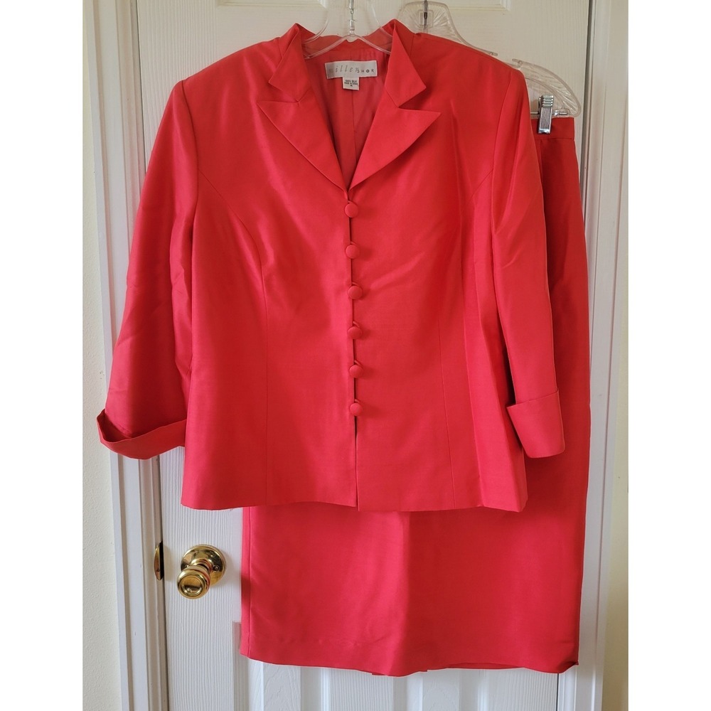 Miller Shor Skirt Suit‎ 100% Silk Size 14 Coral 3/4 Sleeve Button And Loop